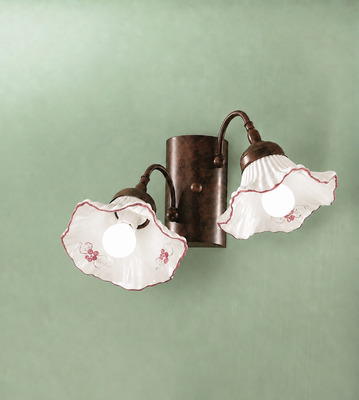 Applique rustica 2 luci sfalsate decoro rosso in ceramica  45311