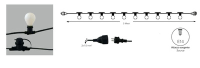 Catena filo nero 5 metri con fila di 10 lampadine per esterno E14 con spina 39497 LUCI ESTERNO