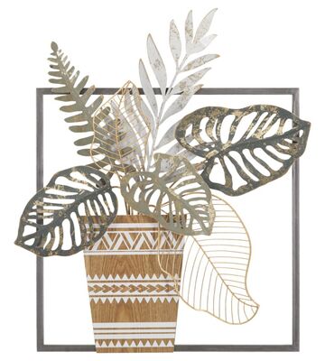 Decorazione parete quadro metallo vaso con foglie 54x62,9  41325