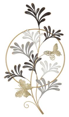 Quadro decorativo in metallo foglie sottili cerchio e farfalle romantico 50,2x92  41327