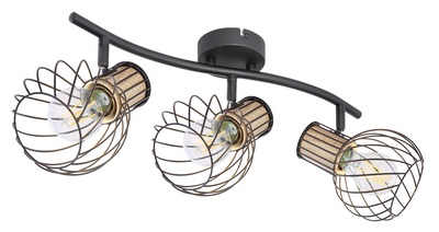 Plafoniera a 3 faretti orientabili design industriale metallo nero e legno  43765