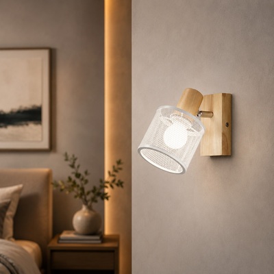 Faretto orientabile in legno chiaro e metallo bianco traforato Stile Scandinavo e Industrial Soft LU