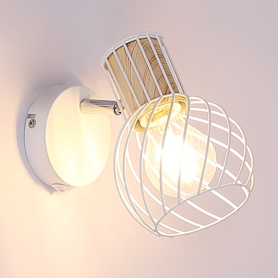 Faretto plafoniera orientabile in bianco e legno con gabbia metallica curva  43764