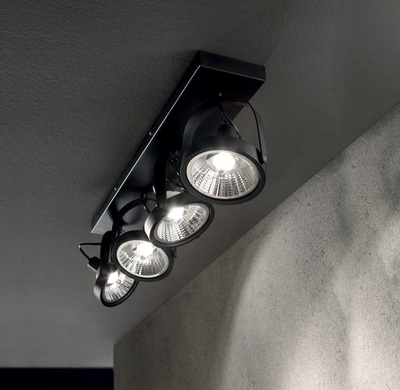 Barra compatta illuminazione a parete o soffitto 4 faretti neri a parabola stile industrial GLIM PL4