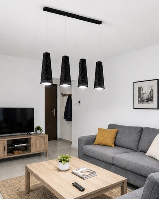 Lampadario nero 4 luci lineare con diffusori trama intrecciata altezze diverse BASKET SB4 NERO IDEAL