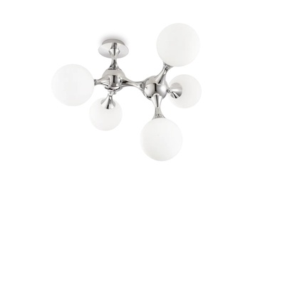 Plafoniera scultura cromo e 5 vetri bianchi a sfera NODI PL05 BIANCO IDEAL LUX