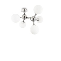 Plafoniera scultura cromo e 5 vetri bianchi a sfera NODI PL05 BIANCO IDEAL LUX