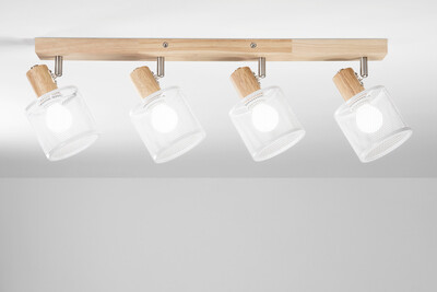 Lampada 4 faretti snodabili soffitto parete scandi-chic legno chiaro e metallo LUCI