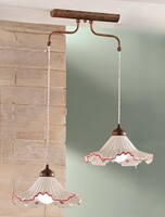 Lampadario 2 luci sfalsate ceramica bianca decoro rosso per cucina conviviale  45253