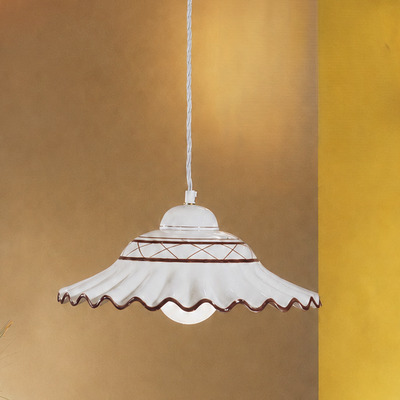 Lampadario casale piatto ad arco ceramica bianca decoro marrone 40 cm  45523