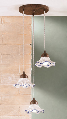Lampadario a grappolo 3 luci ceramica blu con piattini onde pliss&egrave; regolabili  45263