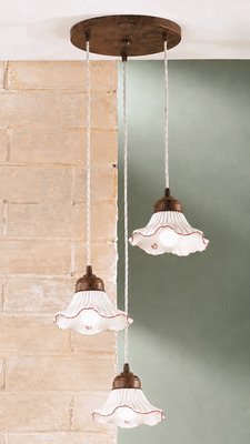 Lampadario a cascata 3 luci ceramica decoro rosso per cucina rustica  45265