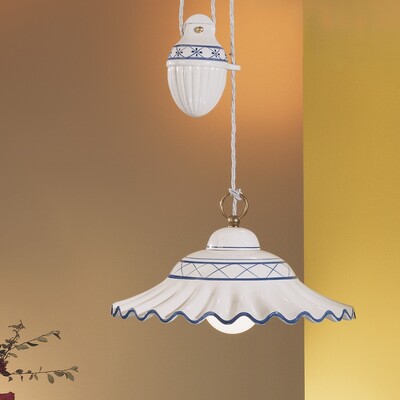 Lampadario a sospensione saliscendi con peso in ceramica decoro blu  45518