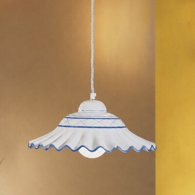 Lampadario piatto ad arco in ceramica bianca decoro blu diametro 40 cm  45522