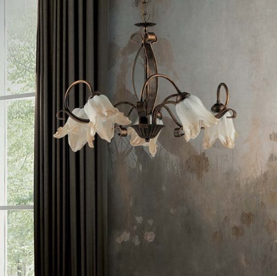 Lampadario 5 luci vetro fiore ambra classico fascia ricciolo bronzato 40554 LUCI CLASSICHE