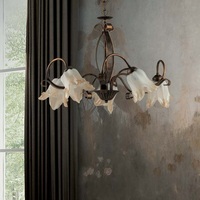 Lampadario 5 luci vetro fiore ambra classico fascia ricciolo bronzato 40554 LUCI CLASSICHE
