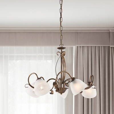 Lampadario a soffitto 5 luci vetro bianco classico fascia ricciolo bronzato 42440 LUCI E COLORI