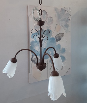 Lampadario classico 3 luci vetri bianco lucido ricciolo ruggine AMELINA 3 BIA LUCI CLASSICHE