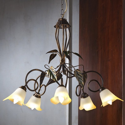 Lampadario classico 5 luci soggiorno camera da letto decoro foglie CALLA AMBRA 5L LUCI CLASSICHE