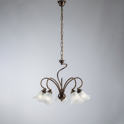 Lampadario 5 luci bronzato ricciolo semplice vetri 5 petali ALICE LUCI CLASSICHE
