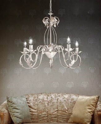 Lampadario bracci riccioli e foglie avorio anticato 5 luci lampadine a vista  45533
