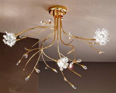 Lampadario a soffitto 3 luci oro bouquet floreale con vetri in cristallo DAFNE/S3-ORO DUE P