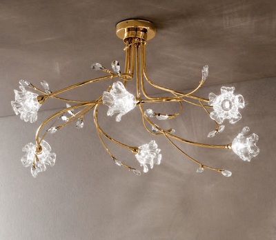 Lampadario a soffitto oro effetto fioritura vetro cristallo gocce e fiori sbocciati DAFNE/S6-ORO DUE