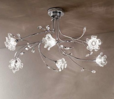 Lampadario soffitto bouquet cromo 50cm 6 luci e fiori sbocciati in cristallo DAFNE/S6-CROMO DUE P