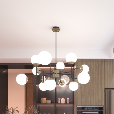 Lampadario ampio moderno design curva 90 a 12 luci sfere bianche 3 altezze 1198/L12 CLEAR TOP LIGHT
