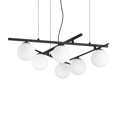 Lampadario nero 6 luci con reticolo di aste e sfere opaline ATLAS SP6 NERO IDEAL LUX