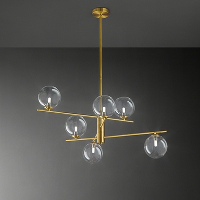 Lampadario 6 bolle di luce sospese in ottone brunito con sfere in vetro trasparente 8514-OB PERENZ