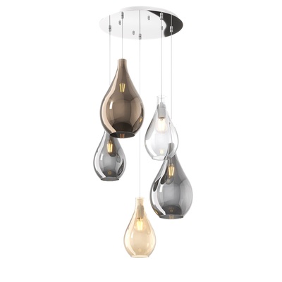 Lampadario moderno a sospensione con vetri design goccia colorati a cascata 5 luci