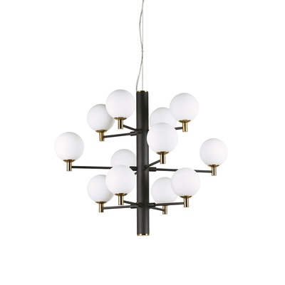 Lampadario struttura grafica moderno nero ottone 12 sfere bianche COPERNICO SP12 IDEAL LUX