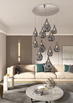 Lampadario grande moderno design multi luci fum&egrave; 12 vetri a goccia  41649