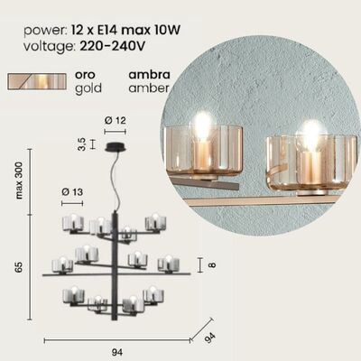 Lampadario ampio 94cm altezza regolabile 12 luci oro ambra soggiorni  44837