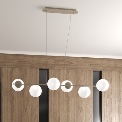 Lampadario lungo 117cm sabbia tortora 6 palline bianche intorno 1200/S6 BOOMERANG TOP LIGHT