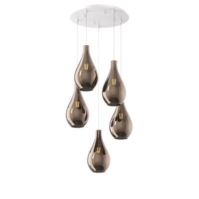 Lampadario moderno design grappolo 5 luci vetri bronzati a goccia  41647