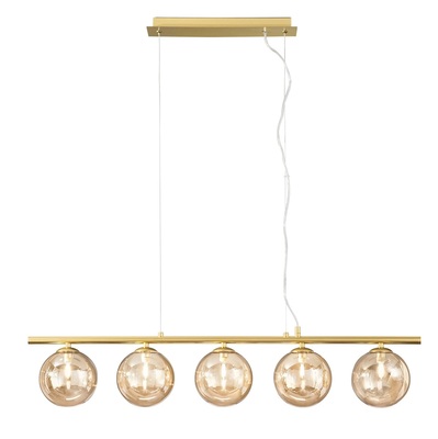 Lampadario moderno 5 sfere ambra su barra lineare oro satinato  41878