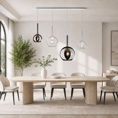 Lampadario lineare composizione di sfere slanciate specchi e trasparenze  45370