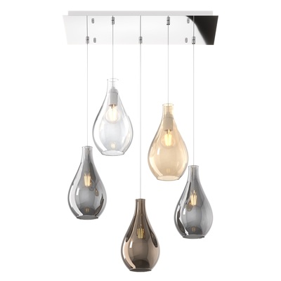 Lampadario sospeso con fili multiplo 5 luci base cromata e vetri colorati  41658