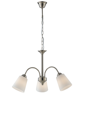 Lampadario 3 luci moderno struttura semplice catena nickel diffusori vetro 39685 LUCI ECONOMICHE