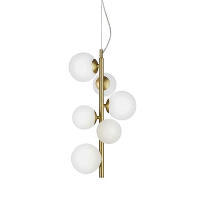 Lampadario alto di design verticale in oro satinato con sfere bianche PERLAGE SP6 OTTONE IDEAL LUX