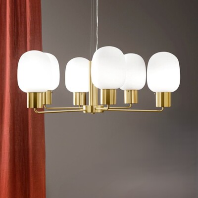 Lampadario oro satinato imponente con bracci diritti e vetri soffiati bianchi  42939