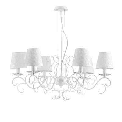 Lampadario grande 6 bracci ghirigori piattino cristallo paralume bianco 42352 LUCI MODERNE