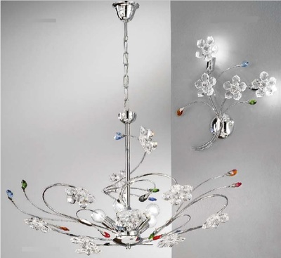 Lampadario moderno 70cm fiori e gocce cristalli colorati colorati catena cromata  41690