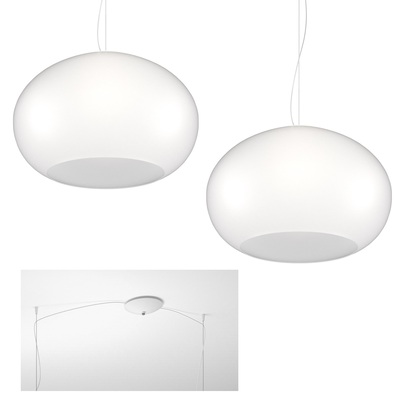 Lampadario grande luminoso decentrabile design 2 cupole da 55cm vetro bianco 6 luci E27 1218/S2-S55-