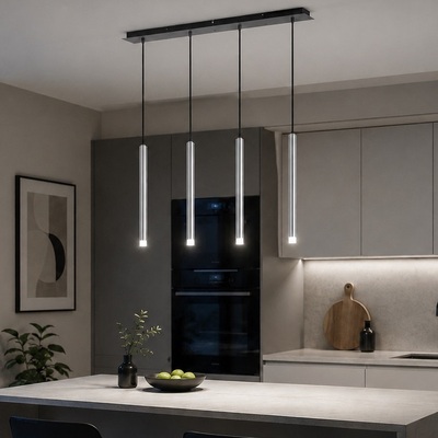 Lampadario moderno lineare 4 tubicini in linea retta metallo nichel  42793