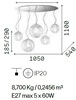 Misuree di Lampadario grande 5 sfere trasparenti grandi e piccole con fii MAPA MAX SP5 IDEAL LUX