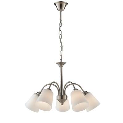 Lampadario moderno semplice ed essenziale catena acciaio 5 luci vetro bianco 39687 LUCI MODERNE