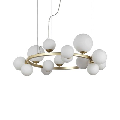 Lampadario ottone satinato grande e moderno con 14 luci in vetro bianco PERLAGE SP14 OTTONE IDEAL LU